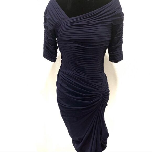 Tadashi Shoji Navy Blue Ruched Mesh Bodycon Dress - Picture 3 of 13